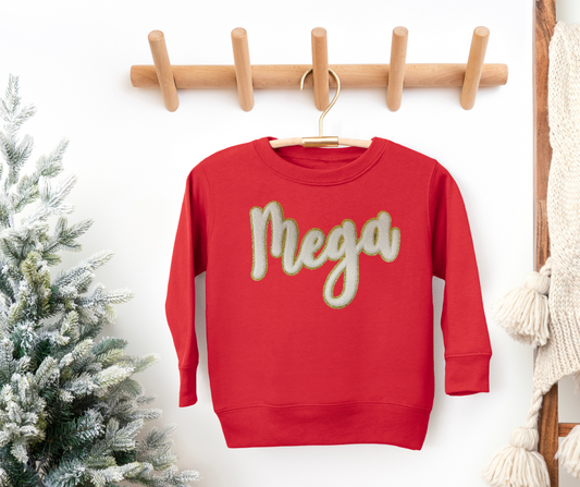 MEGA Chenille Patch on Red Youth Crewneck Sweatshirt
