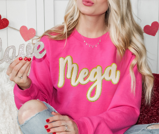 MEGA Chenille Patch on Pink Crewneck Sweatshirt